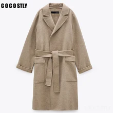 Manteau Long en laine pour femme, élégant, avec ceinture, couleur unie, manches longues, Chic, cachemire, nouvelle collection hiver 2021