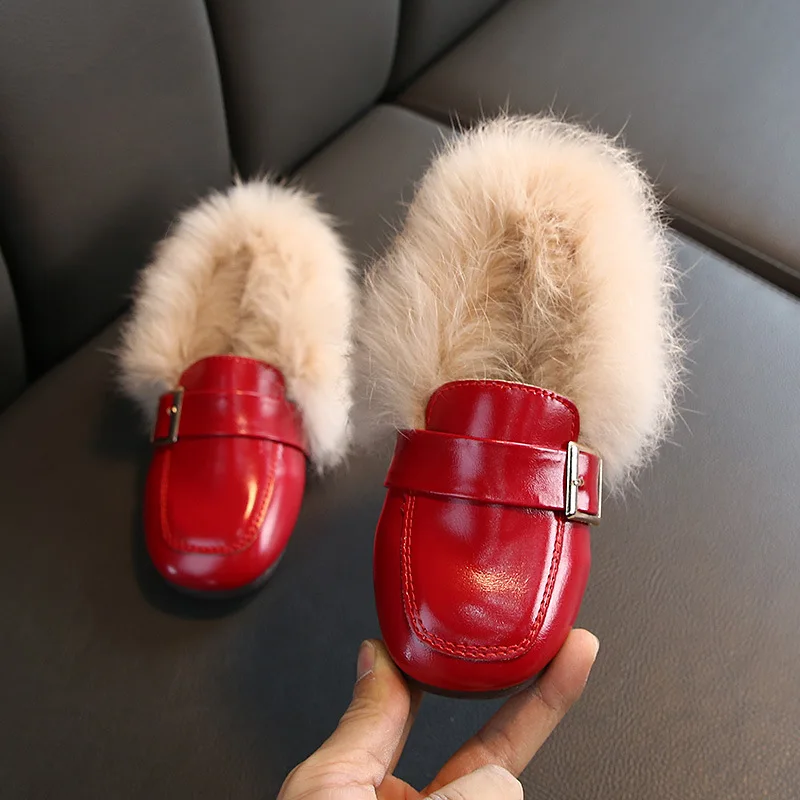 

2019 Winter Girls Fluffy Shoes Baby Brushed And Thick Peas Princess Shoes Leather Shoes Children Rabbit Fur Warm Cotton-padded S