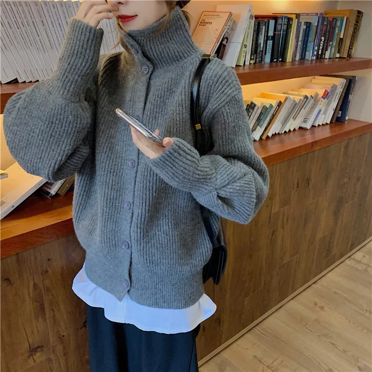 Sweater Cardigan Women Vintage Lantern Sleeve Casual Cardigan Harajuku Lapel Solod Color Coat