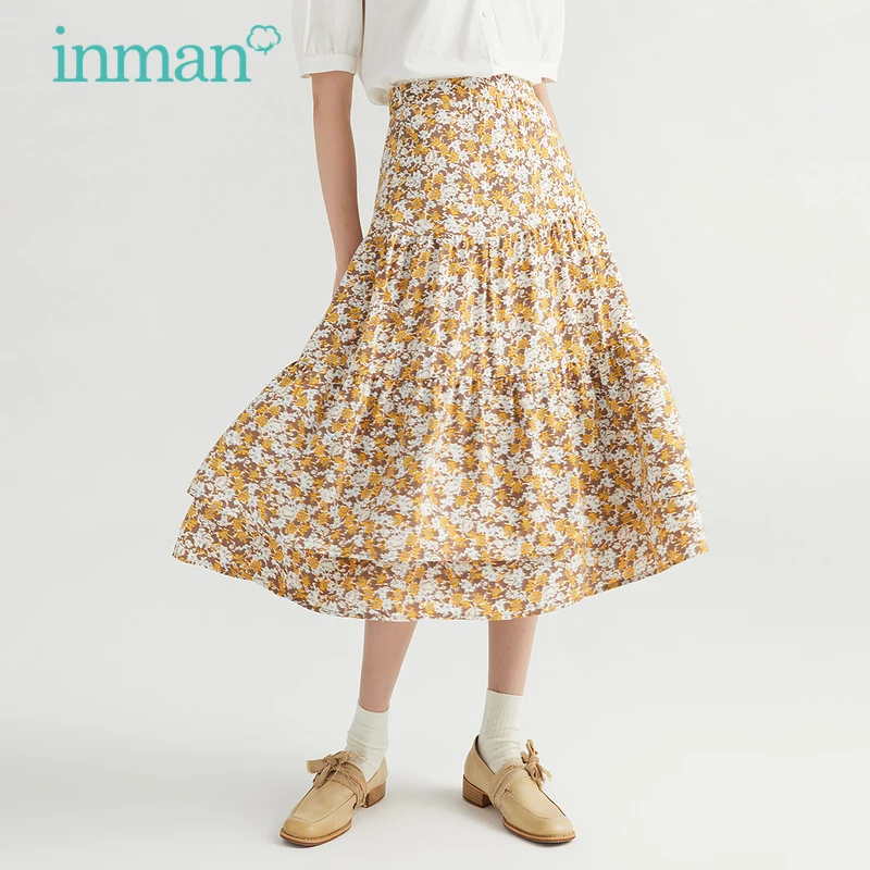 

INMAN Women's Skirt Spring Autumn Elegant Pastoral Floral High Waist Big Hem A-line Female Bottoms