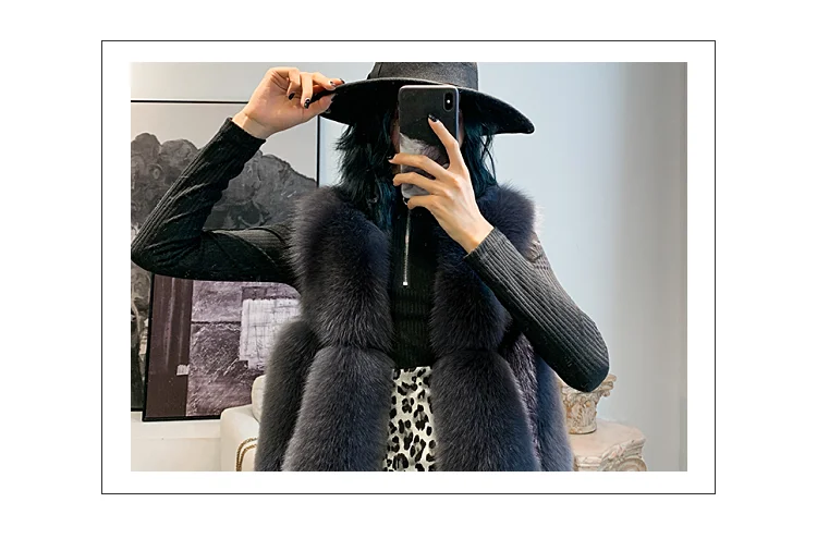 ZDFURS* Natural Real Fox Fur Vest 50 cm Winter Short Thick Women Fur Vest Sleeveles Jacket Pockets Real Fur Vest Coats Slim Park