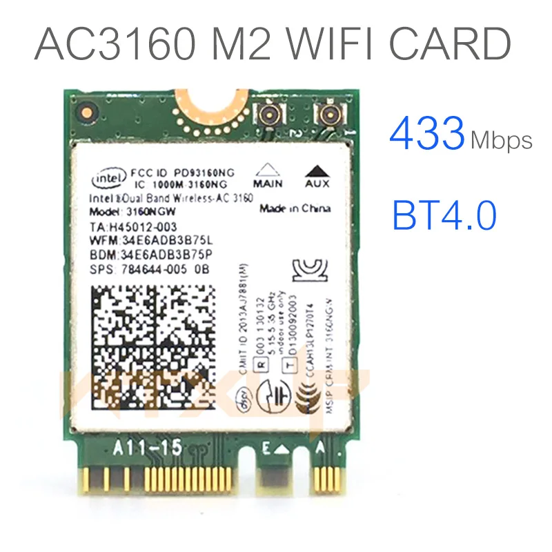 

Dual Band For Intel 3160NGW Wireless-AC 3160 3160ac ac3160 802.11ac WiFi Bluetooth 4.0 NGFF M2 Wireless network card 5.0