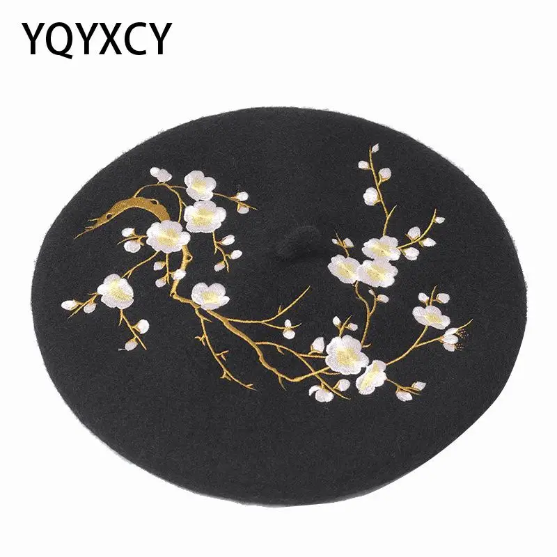 

Embroidered Flower Wool Beret Korean Autumn Winter Hats For Women Ladies Painter Cap Vintage Bonnet Beanie Chapeau Femme Gorras