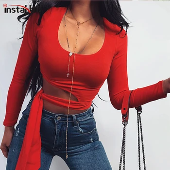 

InstaHot Sexy Slim Hollow Out Waist T-shirt Skinny Long Sleeve Solid Elegant Round Neck Crop Top Ladies t shirt Casual Top