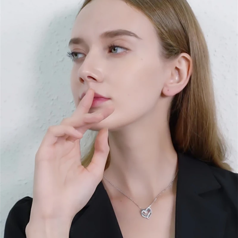 Fine Genuine 100% 925 Sterling Silver Necklace Women Jewelry Heart Black&White Stone Pendants P107