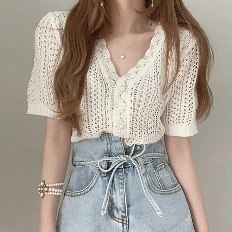 

Knitted Women Cardigan Spring Summer 2021 Vintage V-neck Pearl Button Lace Hollow Out Short Sleeve 4 Colors Female Sweater Coat
