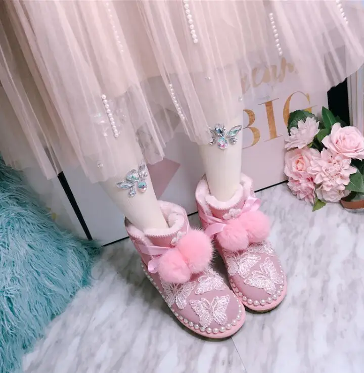 Hair ball snow boots heavy work little fairy butterfly embroidery short tube big cotton boots winter new pink