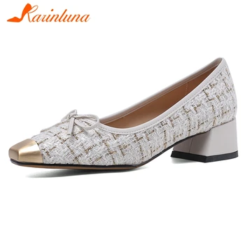 

Karinluna 2020 New Arrivals High Quality Chunky Heels Bling Pumps Woman Shoes Sweet Bowtie Square Toe Casual Shoes Women Pumps