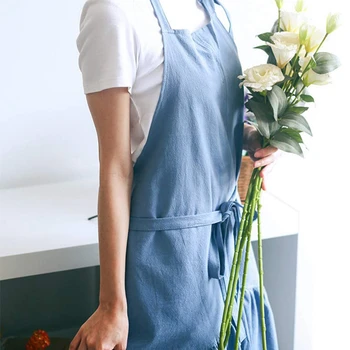 

Retro Long Vintage Apron Adjustable Fishtail Style Gardening Work Cotton/Linen Blend Fashion Tie Apron Women'S Dress Girl (Blue,