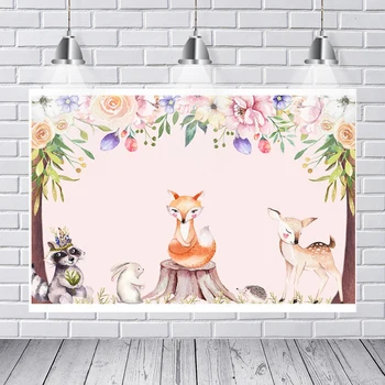 

Background Photography Light Pink Floral Flowers Woodland Creatures Fox Bear Deer Woods Custom Photo Backdrop Background Vinyl