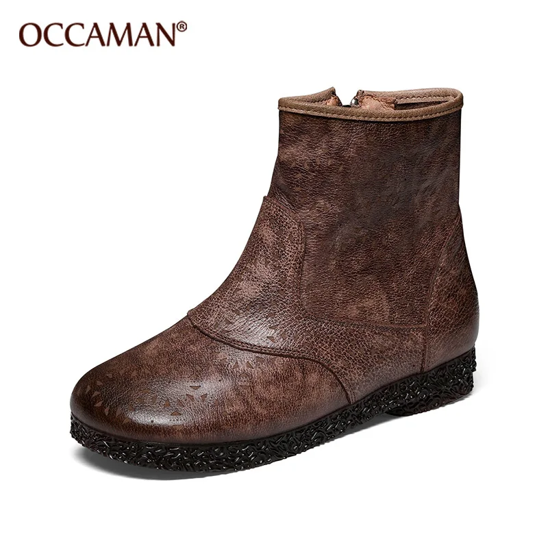 

OCCAMAN Original Leather Retro Booties Flat Low Heel Zipper Round Toe Women's Boots 13137