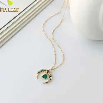 

18k Gold Moon Real 925 Sterling Silver Necklace For Women Chain Fine Jewelry Retro Green Zircon Necklaces & Pendants Flyleaf