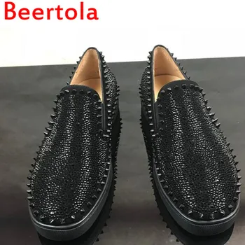 

Luxury Designers Beertola Men's Sneakers Slip-On Rivet Masculine 2019 Crystal Flats Shoes Casual Style Chaussures Male Black