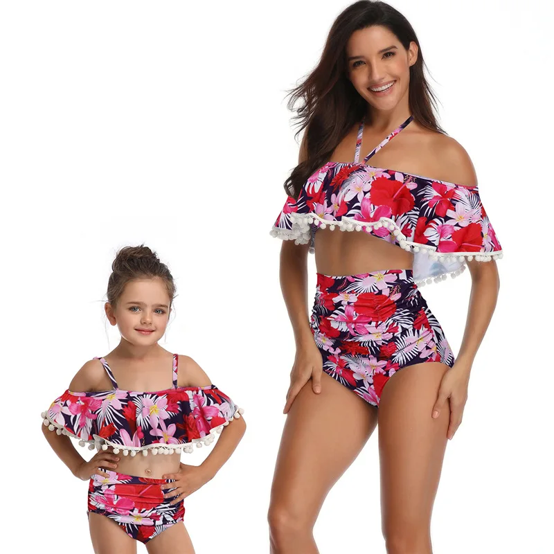

2020 New Mom And Daughter Swimsuit Summer Ruffled Flower Print Bikini Set Family Matching Swimwear Women Baby Girls Swimsuit