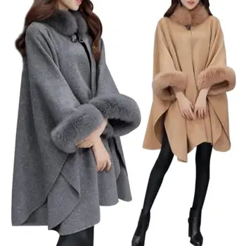 

ZDFURS* Fashion Plus Size Ladies Solid Color Loose Cape Faux Fur Collar Overcoat Winter Casual Women Woolen Cloak Female Ponchos