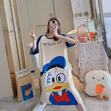 Disney Kawaii Nightdress Donald Duck Printing Daisy Women's Midi Sleepwear Summer Casual Loose Home Clothes Short Sleeve Pajamas