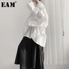 [EAM] Women Pleated White Big Size Blouse New Stand Collar Long Sleeve Loose Fit Shirt Fashion Tide Spring Autumn 19A-a636