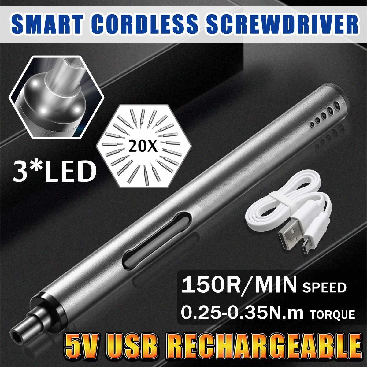 

Doersupp 3.6V Mini USB Battery Rechargeable 3 LED Lamp Cordless Electric Screwdriver Maintenance Dismantling Tool w/20 Bit Set