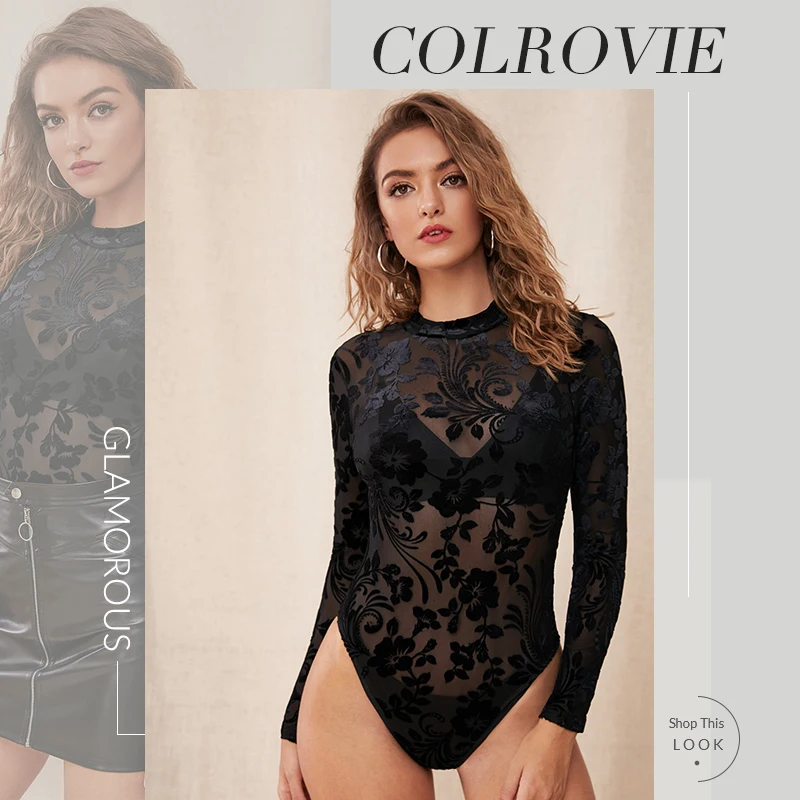COLROVIE черный цветочный принт прозрачный сетчатый комбинезон женский стоячий воротник боди Новая мода осень сексуальные обтягивающие боди