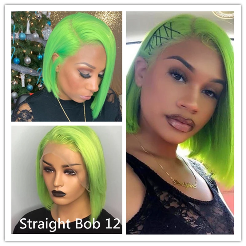 

Short Blunt Cut 13x6 Lace Front Wig Green Colored Curly Bob HD Transparent 130 Density Brazilian For Black Women PrePlucked Remy