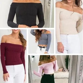 

Off Shoulder Knit Sweater Sexy Short Women New Hot Fashion Tops Casual Pullover T-Shirt Off Shoulder Knit Bottomer