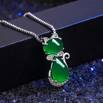 

Natural Green Jade Chalcedony Cat Agate Pendant 925 Silver Necklace Chinese Carved Fashion Charm Jewelry Amulet for Women Gifts