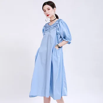 

Dress Summer 2020 New Women's Non-Mainstream Design V-neck Pleated Bell Sleeve Loose Expandable Dress