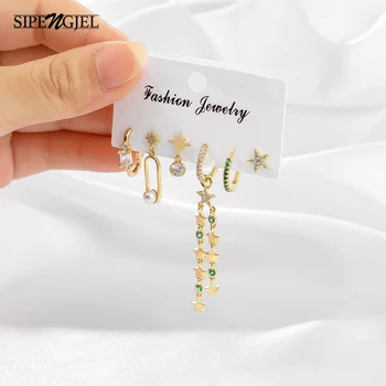 

New Fashion Cubic Zircon Star Drop Earrings Set Gold And Silver Color Green Hoop Earrings For Women Jewelry