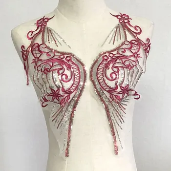 

Rose red corsage A pair of cloth stickers sequins mesh embroidery handmade sewing dress decoration