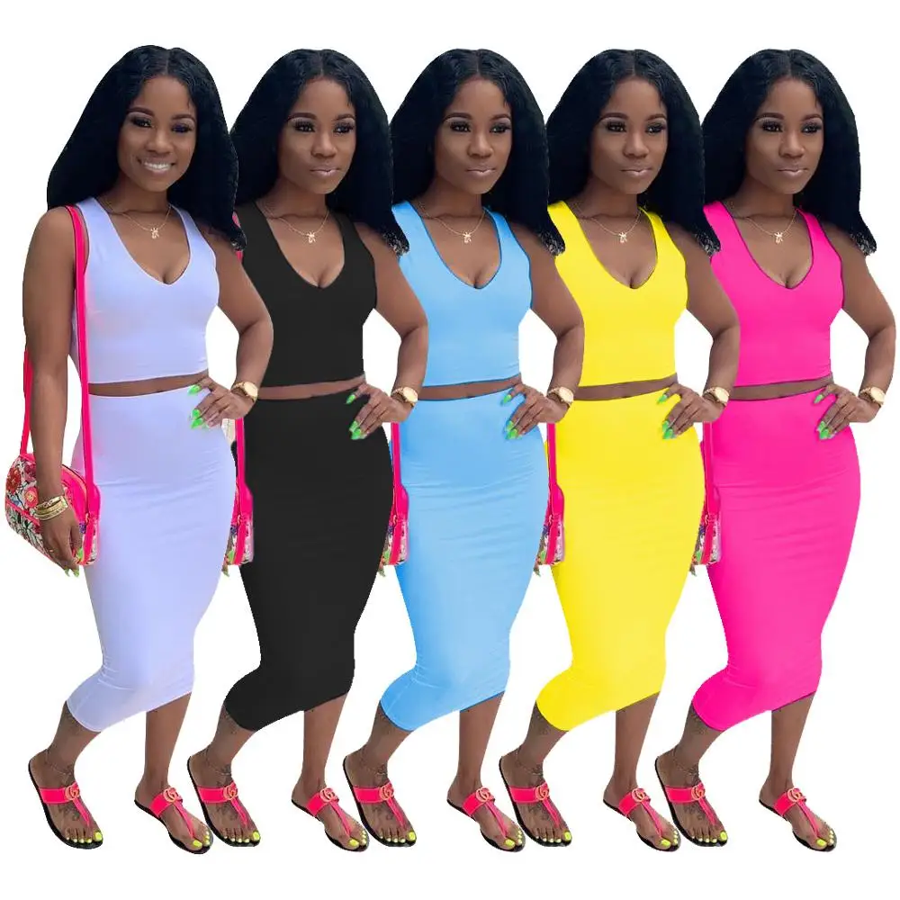 

2019 new women summer solid tank top bodycon midi skirts suit two piece set club party women's tracksuit outfit dress D9120