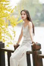  Summer Casual Solid Color Spaghetti Strap Patchwork O Neck Loose Linen Women Camis JL-BXF-2312 