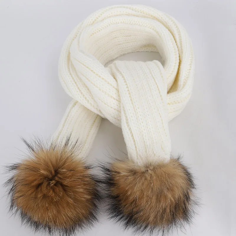 White-3 New Fashion Ladies Raccoon Fur Pompom Knit Beanies Hat Scarf Sets Female Soft Cap Scarves Winter Warm Women Cotton bonnet - Цвет: White-3