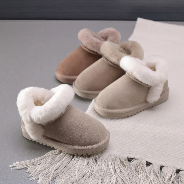 Kids Snow Boots Leather Winter Fur Shoes Girls Boots Low Top Children Boots Boys Botas Solid Color Warm Shoes Botte Enfant Fille