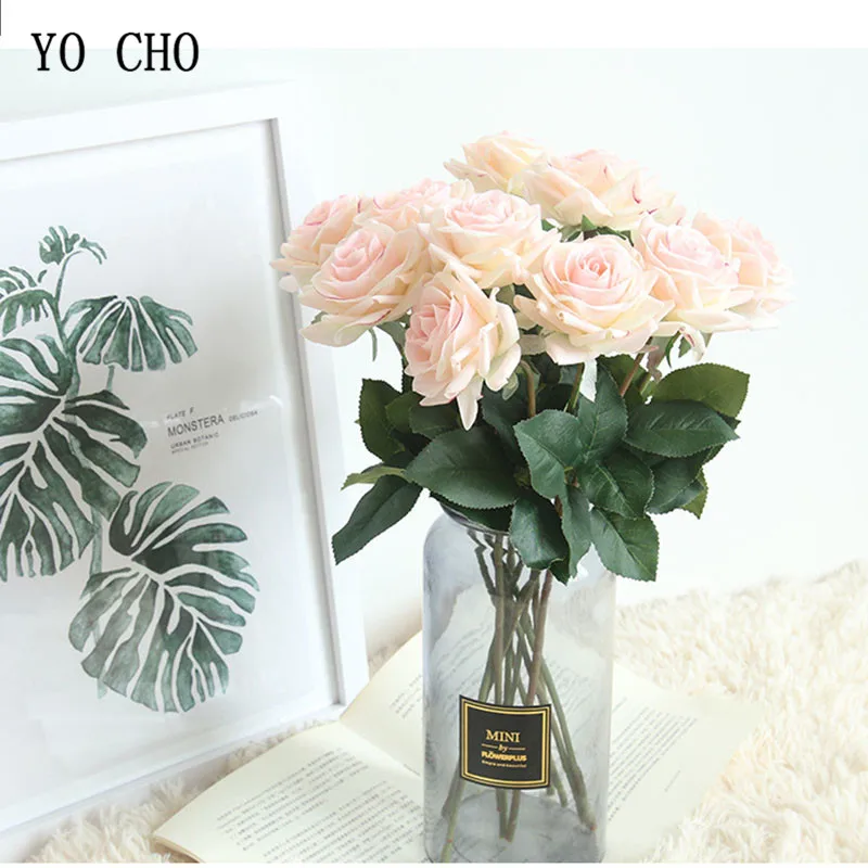 YO CHO Artificial Rose Pink Wedding Flower Branches 42cm Artificial Flower Silk Rose Flower Home Decoration Fake Flowers Wedding