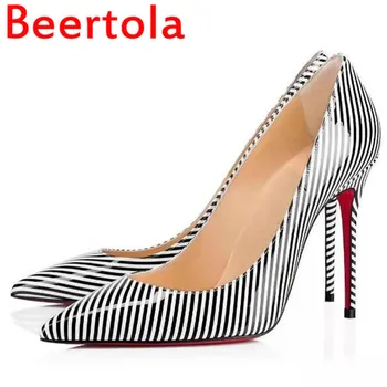 

Patent Leather Stripe High Heels Women's Pumps Stiletto Pointed Toe Breathable Dress Female Shallow Party Wedding Ladies Shoes