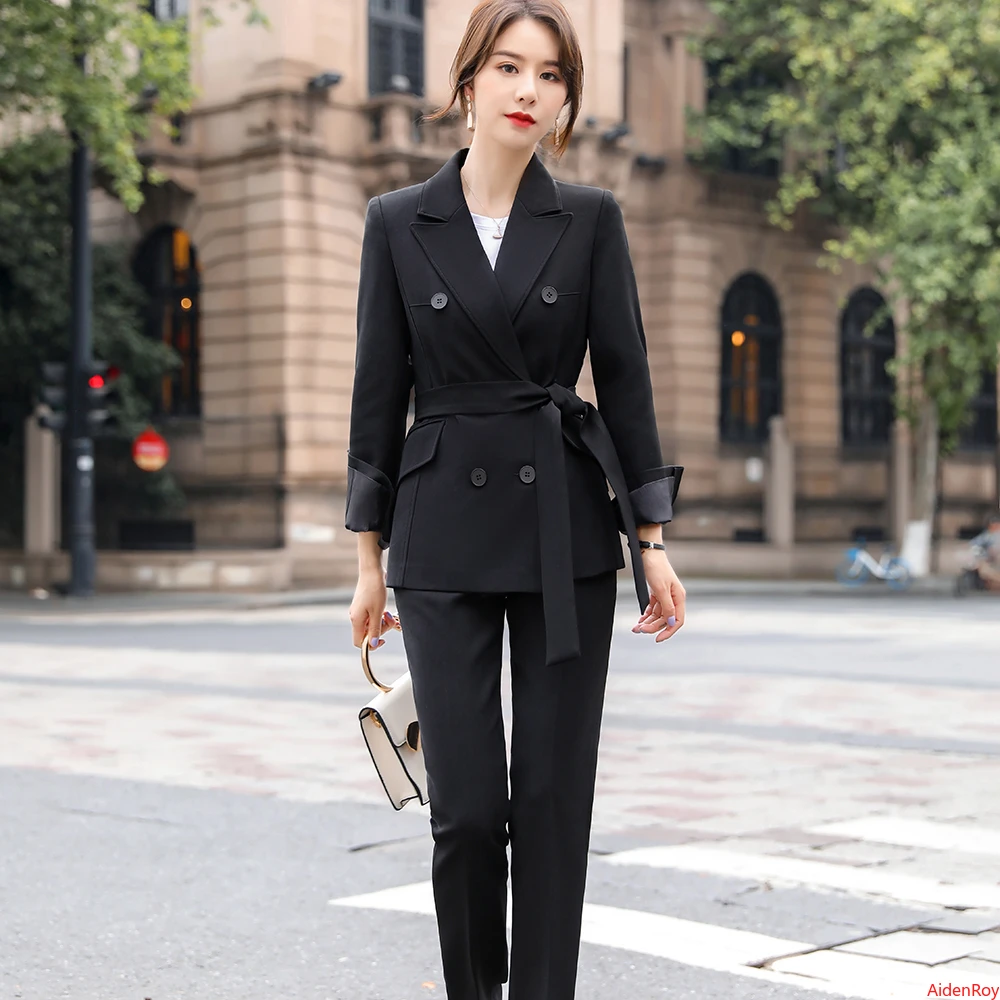 Blazer pantalón de tres botones para traje Formal oficina, ropa de trabajo de 2 piezas, elegante, verde y negro, de pantalón| - AliExpress