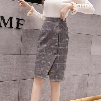 

Neophil High Waist Woolen Button Pencil Skirts Knee Length England Style Ladies Office 2020 Summer Wool Slim Skirts Faldas S9222