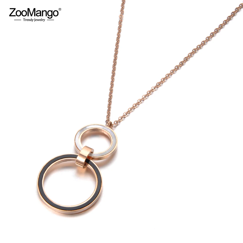 

ZooMango Stainless Steel Double Circle Black & White Shell Pendant Necklaces 20 Inches Sweater Chain Necklace For Women ZN18246