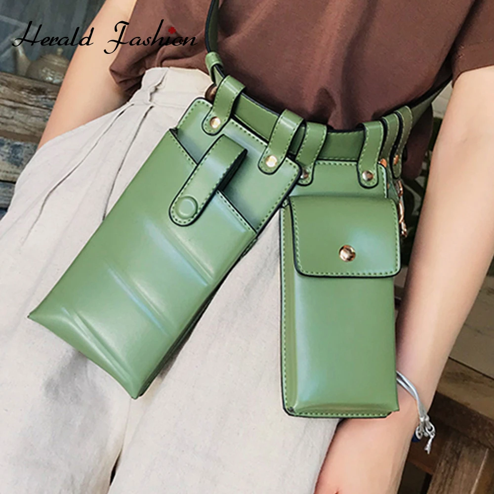 

Herald Fashion 2 Pieces Ladies Waist Bag Leather Waist Belt Bag Crossbody Chest Bags Girls Fanny Pack Small Phone Bag For Women