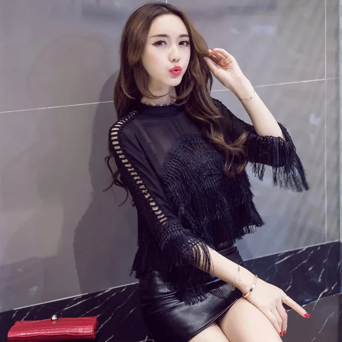 WHITNEY WANG Весенняя мода уличная элегантная слоистая кисточка шифон Blusas женские Топы футболка femme