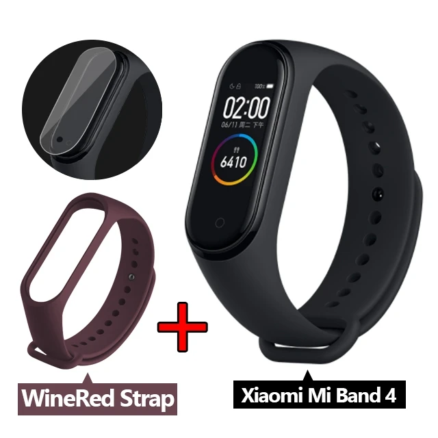 add redwine strap Xiaomi mi Band 4 Smart band 4 цветной экран Браслет Пульс фитнес музыка Bluetooth 50 м водонепроницаемый xiaomi браслет 4 mi Band - Цвет: add redwine strap