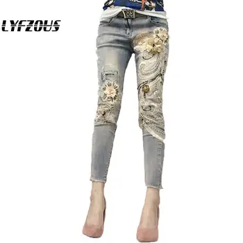 

Vintage Jeans For Woman Bronzing Heavy 3d Flower Floral Embroidery Elastic Denim Pants 2020 Spring Girl Lady Casual Trousers
