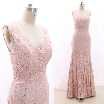 

MACloth Dusty Pink Sheath V Neck Floor-Length Long Crystal Lace Prom Dresses Dress M 268708 Clearance