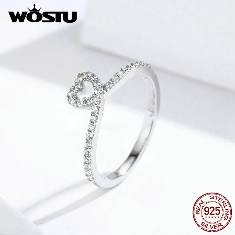 WOSTU, 925 пробы, Серебряное яркое обручальное кольцо с сердцем, циркон, Штабелируемый палец для женщин, любовник, серебро, 925, ювелирное изделие CQR571