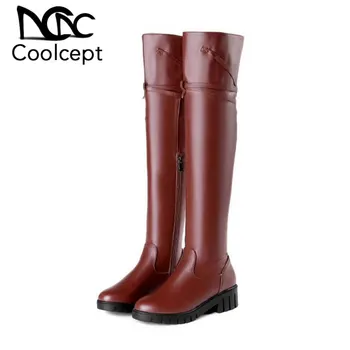 

CoolCept Ladies Over The Knee Boots Flats Heel Buckle Winter Warm Fashion Shoes Women Round Toe High Quality Boot Size 34-43