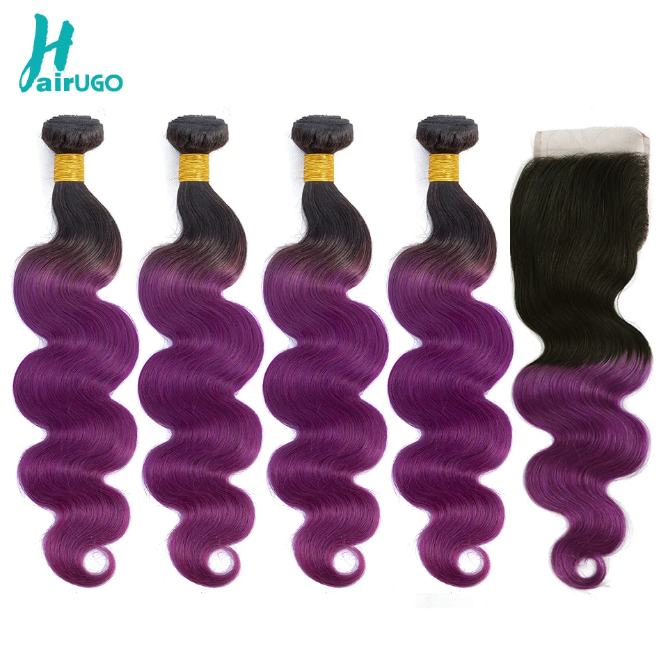 HairUGo предварительно цветные перуанские объемные волнистые 4 пучка с закрытием человеческие волосы плетение пучки с закрытием 1B/фиолетовые неповрежденные волосы