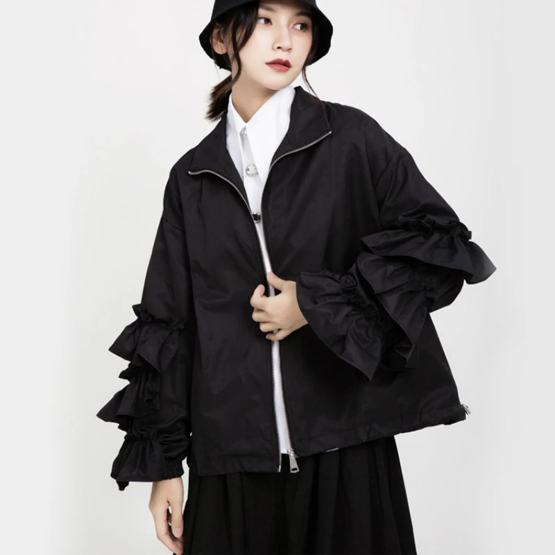 2022 Women Spring Jacket Loose Fit Black Coat Big Size Puff Sleeve Ruffles Female Base Top Outwear with Drawstring Hem