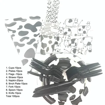 

100pcs/lot Cute Cow Theme Party Disposable Tableware Cartoon Animals Cow Birthday Baby Shower Farm Cow Party Decoration Supplies