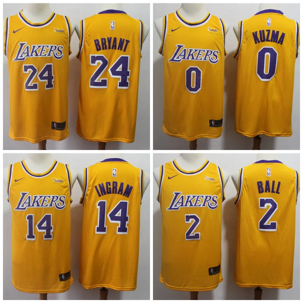 A+++ качество мужской взрослый#0 Кайл кузма 2 Lonzo мяч 14 Брэндон Ingram 24 Kobe Bryant Jersey Лос-Анжелес