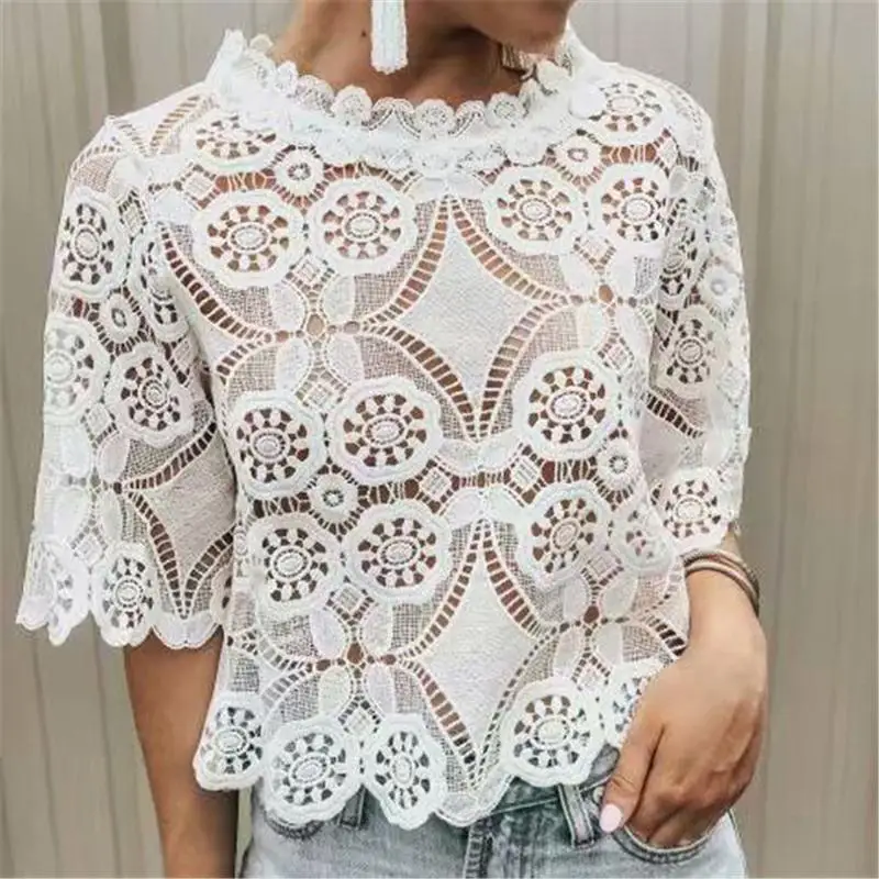 White2 VONDA, женская блузка, туника, сексуальная, без рукавов, кружевная рубашка, OL, Офисная Женская рубашка, полые, вечерние, топы, Camisas, белые, Blusas размера плюс - Цвет: White2